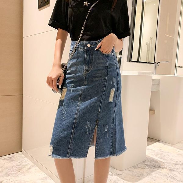 

limiguyue summer women denim skirt fashion split high waist ripped holes scratch midi femme loose casual jeans skirts k725, Black