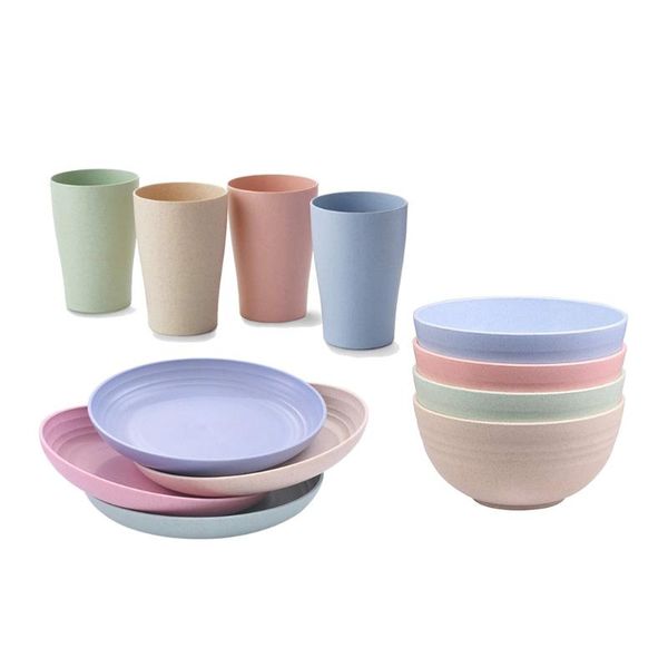 

bowls 1 set wheat straw dinnerware eco-friendly plate bowl and cup sturdy lightweight tableware for children adult