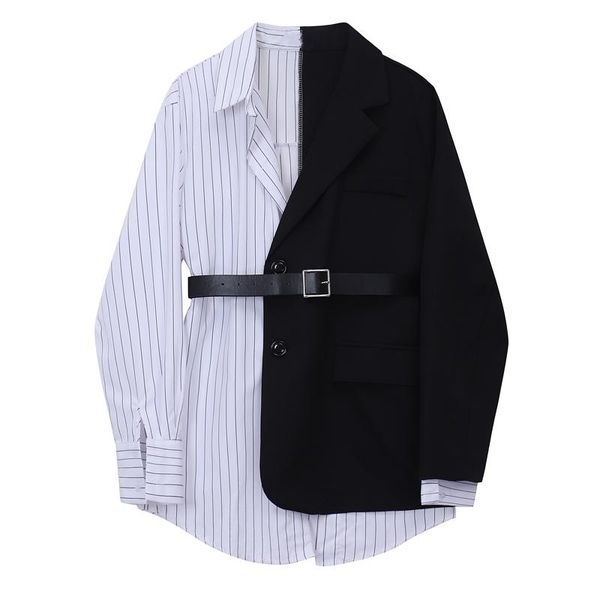 

women's suits & blazers design patchwork fake two 2021 spring autumn fashion casual streetwear with belt coat female outwear jacket, White;black