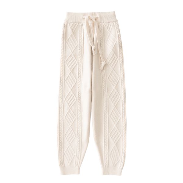 Frauen Gestrickte Jogger Hosen Elastische Taille Kordelzug Knöchel Länge Kabel Schwarz Beige Casual Winter Warm P0004 210514