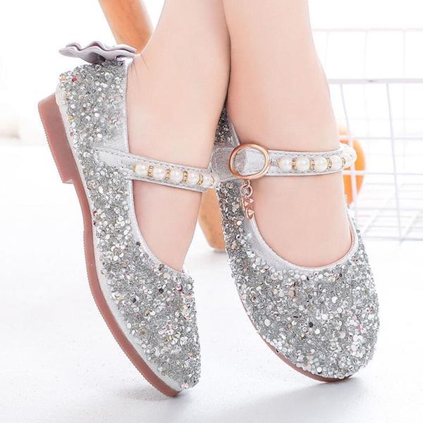 

flat shoes girls kids princess dress children mary janes performance leather sequins pearls party wedding crystal silver, Black;grey