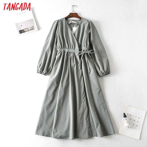 

tangada fashion women solid elegant a-line dress french style long sleeve ladies midi dress with bow ai12 210609, Black;gray