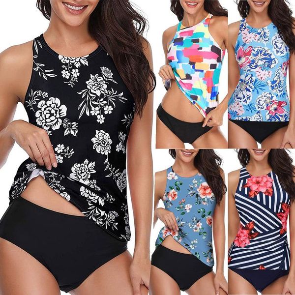 

women's swimwear lace up two pieces plus size floral halter tankini set boyshort high waist swimsuit bikini beachwear, White;black