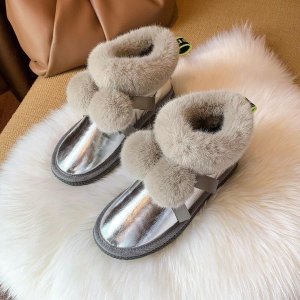 

boots apanzu women snow waterproof female cotton boot thicken rubber anti-slip sole solid color cute fur ball ankle, Black