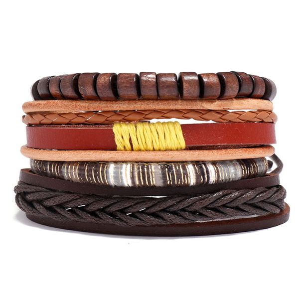 

rope leather handmade braided wooden beaded multilayer charm bracelets 4pcs/set for men women adjustable bangle jewelry, Golden;silver