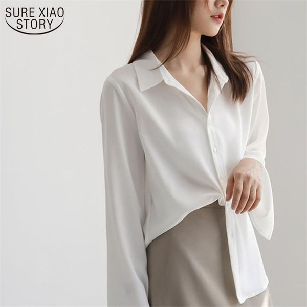

spring chiffon long sleeve women shirt autumn loose flare solid white fashion 12608 210421