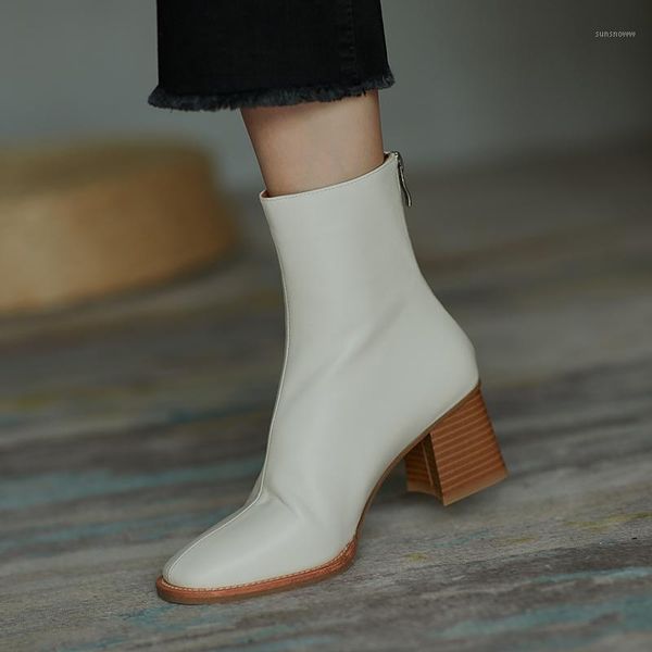 

boots fashion 2021 women white leather ankle 6cm chunky high heels knight botines black sock botas femmes