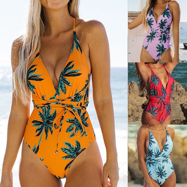 

one piece swimwear for women bandage backless brazilian bathing suit plam tree print deep v tie knot padded push up plunge beachwear, White;black