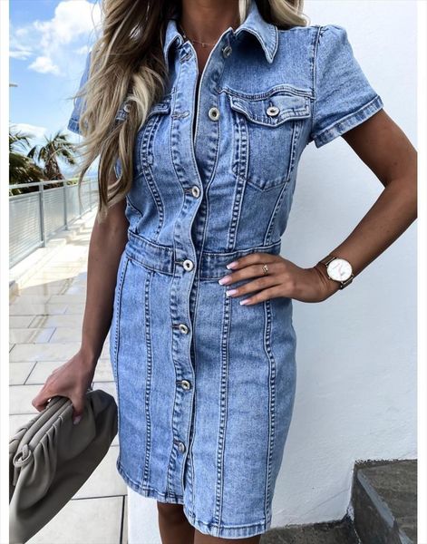 

arrival retro denim summer womens dresses short sleeve slim jeans fashion casual stretch office ladies clothing, Black;gray
