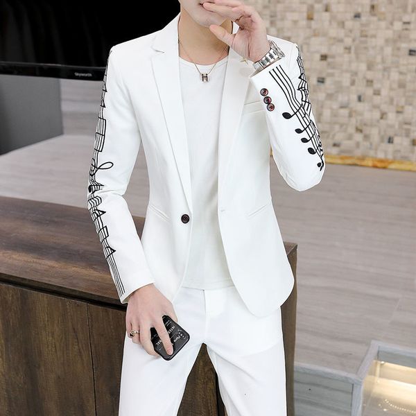 

men's suits & blazers notes embroidery menswear slim fit korean jacket trend evening wedding designer 2021, White;black
