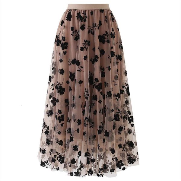 

black flower lace skrit women skirt high waist mesh long elegant tulle skirts sweet cute student school wear