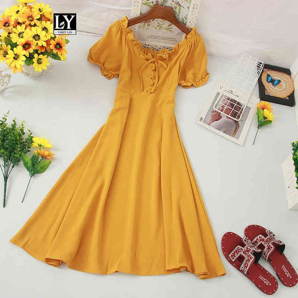 

dresses women summer slash neck puff sleeve vintage high waist bow tie up ruffles black pink midi a-line dress, Black;gray