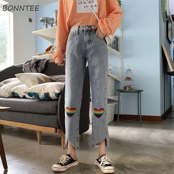 

jeans women light blue rainbow embroidery design irregular straight cute ins high waist sweet girls ankle-length ulzzang denim women's