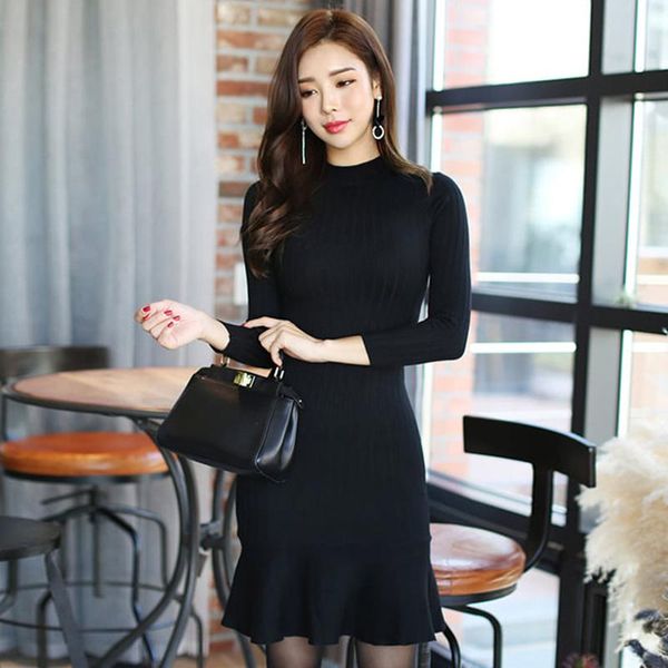 

casual dresses fashion women arrival simple knit soft basic trumpet dress party autumn winter warm slim mermaid, Black;gray