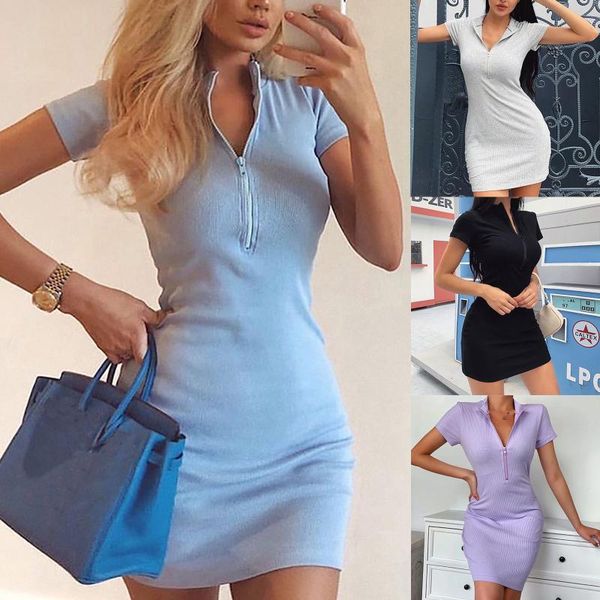 

casual dresses #60 women's high neck short sleeve bag hip skirt zipper dress simple fashion slim women elegant ladies streetwear vestid, Black;gray