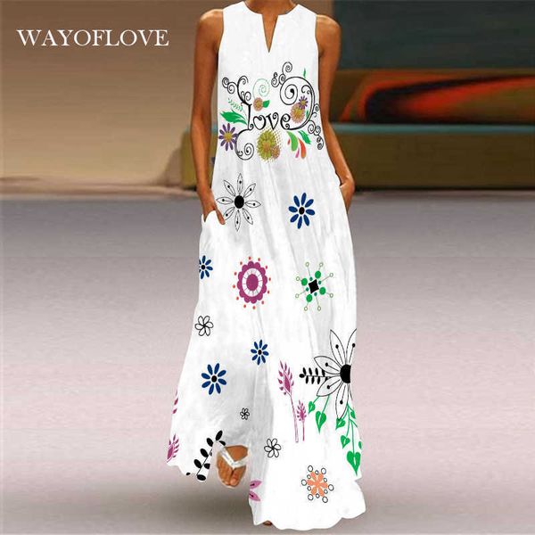 

wayoflove fashion floral print white dress oversize casual long dresses summer beach woman sleeveless girl maxi dress women 210602, Black;gray