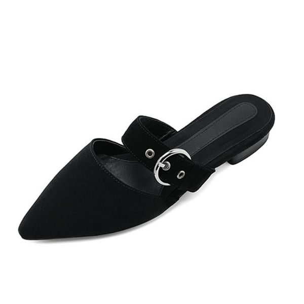 

genuine leather low hels sandals for women metal decoration vintage mules brand office lady basic shoes woman slippers, Black