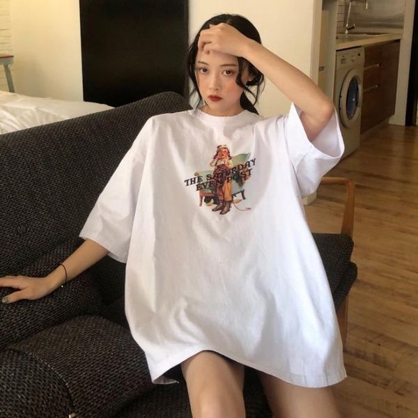 

women's t-shirt korean version of the 2021 summer college style loose super fire casual half-sleeved short-sleeved female trend, White