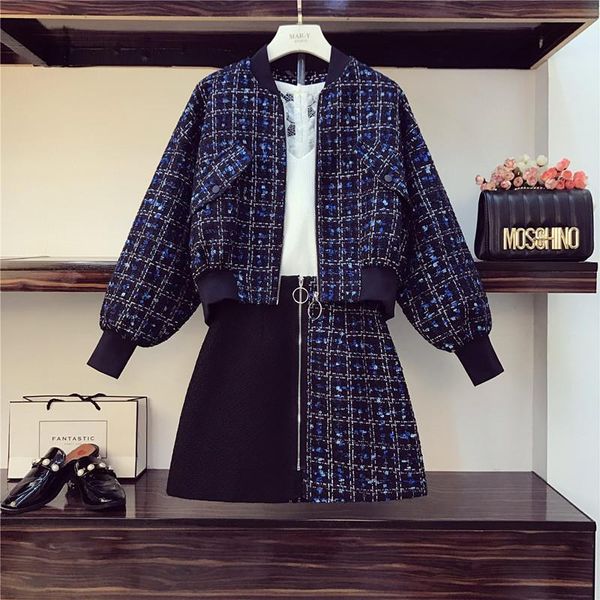 

fashion batwing sleeve tweed womens dresses patchwork short jacket coat zipper mini skirt mid set spring plaid 2 piece clothing, White