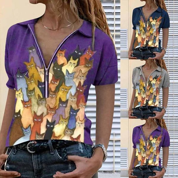 

women's t-shirt casual fashion print cat lapel zipper loose short-sleeved shirt, White