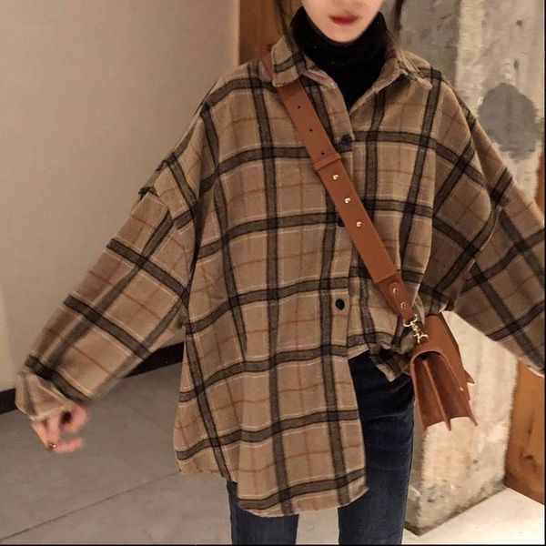 

spring and autumn korea original women shirts wool plaid loose oversized lapel long sleeve jacket for, White