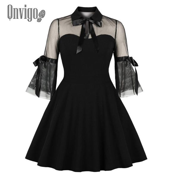 

casual dresses qnvigo black dress elegant ol autumn queen mini mesh vintage trend ins office female formal women elega, Black;gray