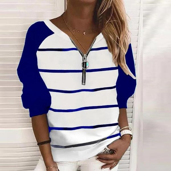

women's t-shirt women elegant zip up v-neck pullover casual autumn striped print simple t-shirts spring long sleeve office tees shirt, White