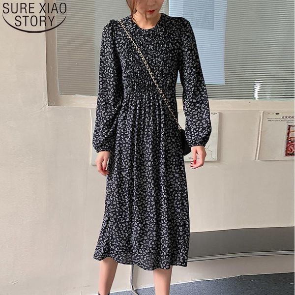 

casual dresses spring print chiffon dress round collar loose long women 2021 sleeve high waist floral vestidos 12748, Black;gray