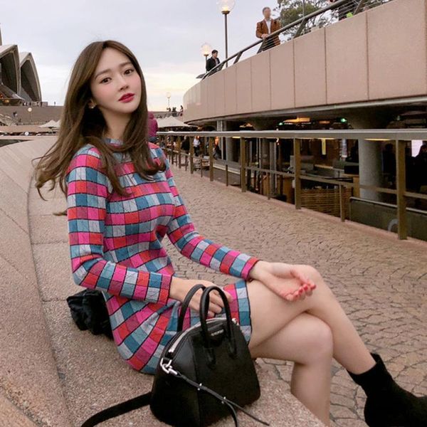 

casual dresses 2021 autumn winter temperament slim knitted women dress plaid o-neck long sleeve a-line knitwear fashion all-match, Black;gray