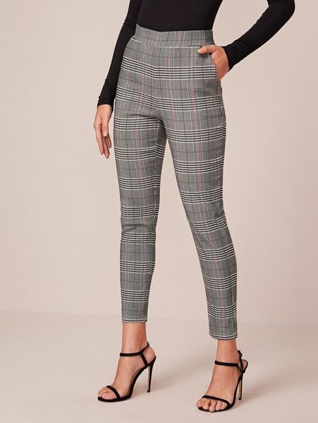 

glen plaid high waist cropped pants 66sy#, Black;white
