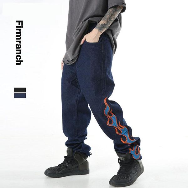 

men's jeans 2021 men/women ready black embroidery fire ins made blue flame straight denim pants high street dad trousers