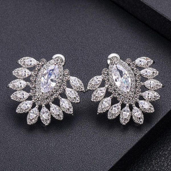 

jankelly trendy luxury flower blossom stud earrings for women wedding cubic zirconia crystal african dubai gold bridal earring, Golden;silver