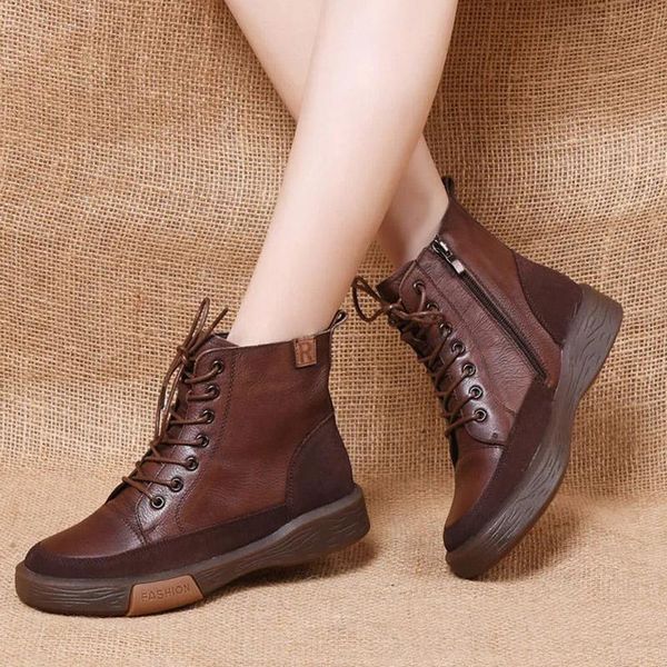 

the first layer cowhide retro british style flat with handsome boots all-match soft and velvet warm short, Black