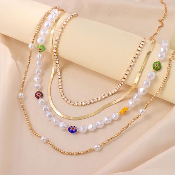 

chains 4pcs/set irregular imitation pearls color flower bead necklace simple metal snake chain choker necklaces boho multilayer jewelry, Silver