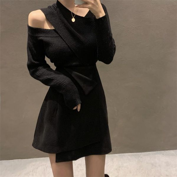 

chic off-shoulder irregular simple solid sweater elegant termperament basic bottoming striped 2021 winter women's sweaters, White;black