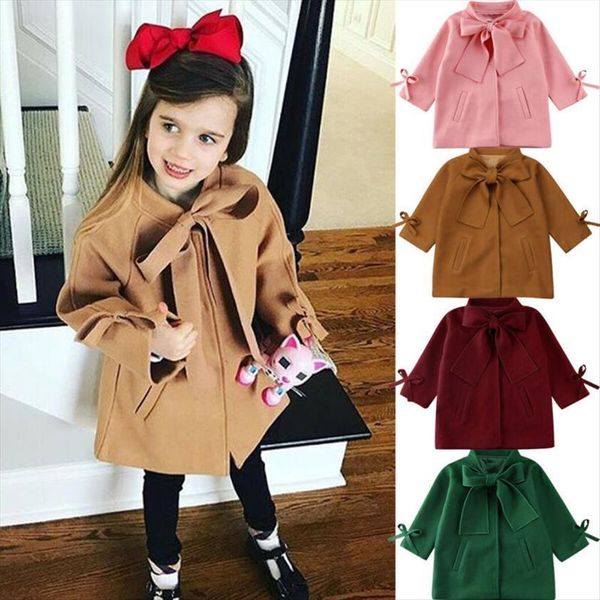 

toddler baby kid girl winter warm wool bowknot coat solid long sleeve overcoat outwear jacket 2 8t, Blue;gray