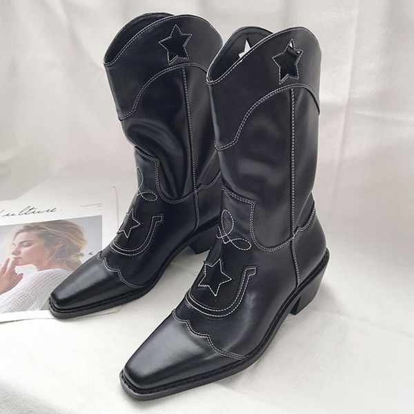 

boots 2021 women retro embroidered western cowboy punk modern pu leather mid-calf block heel square toe ladies shoes, Black