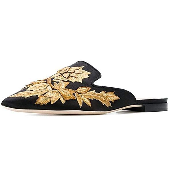 

women pointed toe mules velvet backless slip on loafers flat embroidery mule slippers shoes for casual fashion novelty, Black