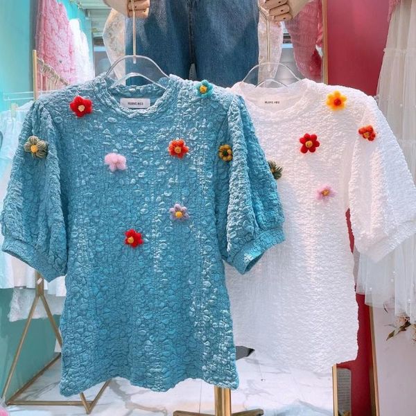 

spring korean version flowers heavy hand-sewn loose short-sleeved t-shirt women women's, White