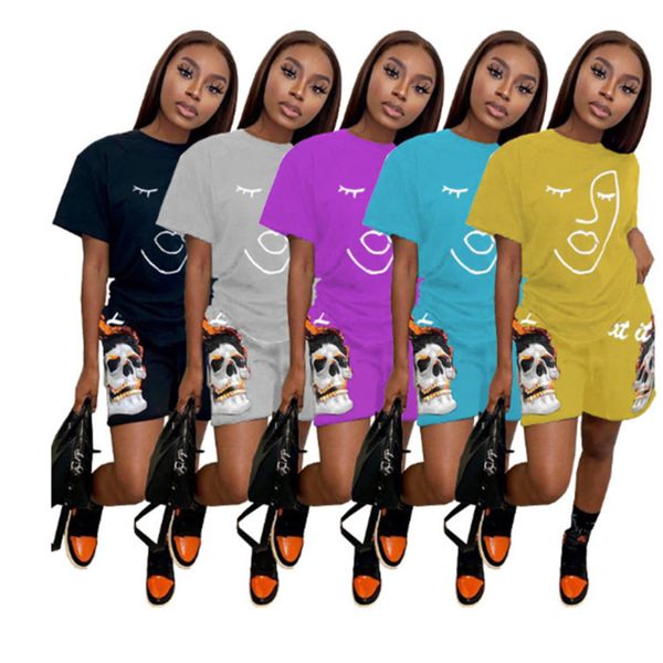

summer women shorts tracksuits outfits multi element combination digital positioning printing leisure temperament commuting 2 piece set 932, Gray