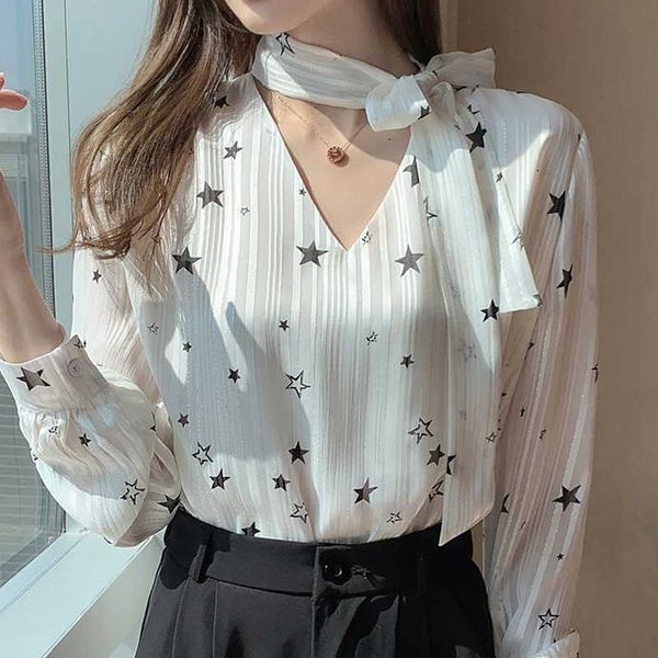 

blouses femme women blouse women blusas mujer de moda elegantes long sleeve print chiffon blouse shirt blusas e660 210602, White