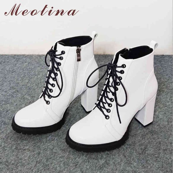 

meotina genuine leather platform super high heel ankle boots women shoes zip lace up chunky heels short boots autumn white 43 210520, Black