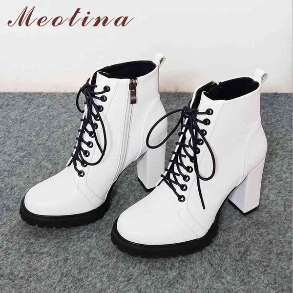 Meotina Piattaforma in vera pelle Stivaletti con tacco alto Scarpe da donna Zip Lace Up Tacchi spessi Stivali corti Autunno Bianco 43 210520