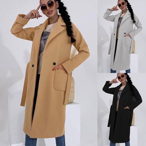 

women's wool & blends women woolen coat winter long-sleeved overcoat belt clothing jackets long suit collar, Black