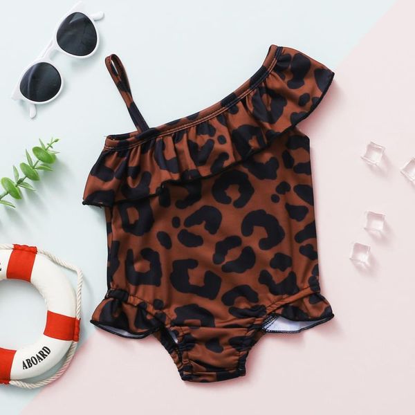 

infant kids baby girl leopard print swimming costume swimsuit ruffles swimwear bathing suit beachwear one-pieces, Black