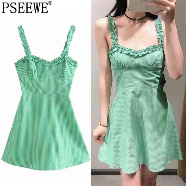 

dress woman green striped slip short summer es ladies ruffle pleated strap backless mini women 210519, Black;gray