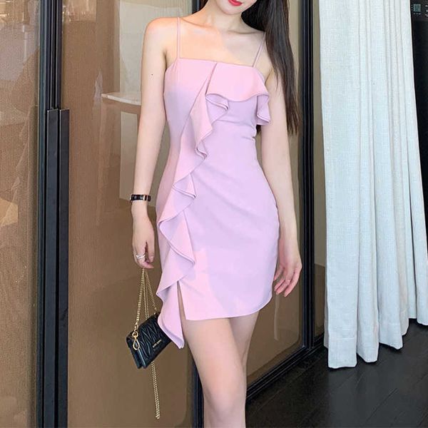 

luxury party evening dress 2021 summer french romantic ruffle dign small split slim suspender, White;pink