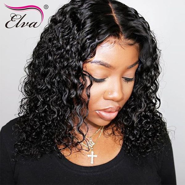 

lace frontal wig deep part 6" brazilian remy hair curly glueless front human wigs pre plucked with baby elva1, Black;brown