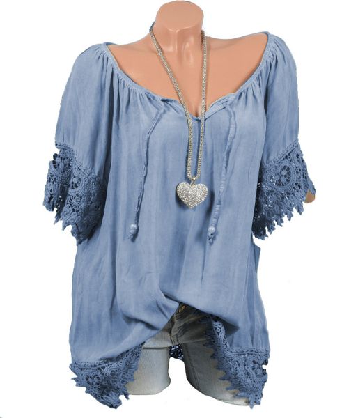 

2019 new one line collar lace splicing short sleeve t-shirt blouse, White