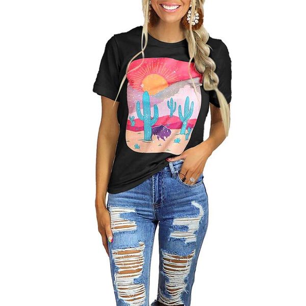 

women's t-shirt summer cactus pink print short sleeve, White